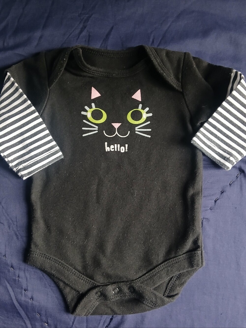 Faded Glory Black Long-Sleeve Kitty Bodysuit with Striped Sleeves